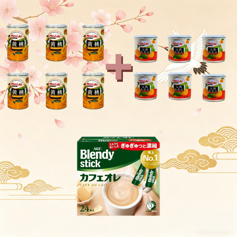 黄桃の缶詰＋みかんの缶詰＋AGF ブレンディ スティック カフェオレ 24本 【 スティックコーヒー 】、送料無料（国内配送）