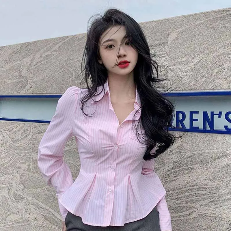 Lucyever Koreanische Rosa Gestreiften Shirts Frauen Y2K Streetwear Falten Tunika Crop Tops Damen Mode Einfache Lange Hülse Dünne Blusen