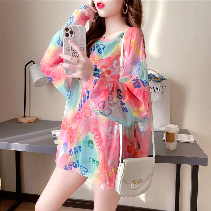 T-shirt estampada pintada à mão para mulheres, streetwear feminino, manga comprida fina, pulôveres emendados, roupas soltas, estilo coreano, elegante, primavera e verão