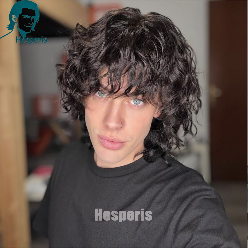 Мужские парики Hesperis Black Deep Wave из натуральных волос, на всю голову, 13x6, с кружевной передней частью, без клея, предварительно нарезанные, с челкой