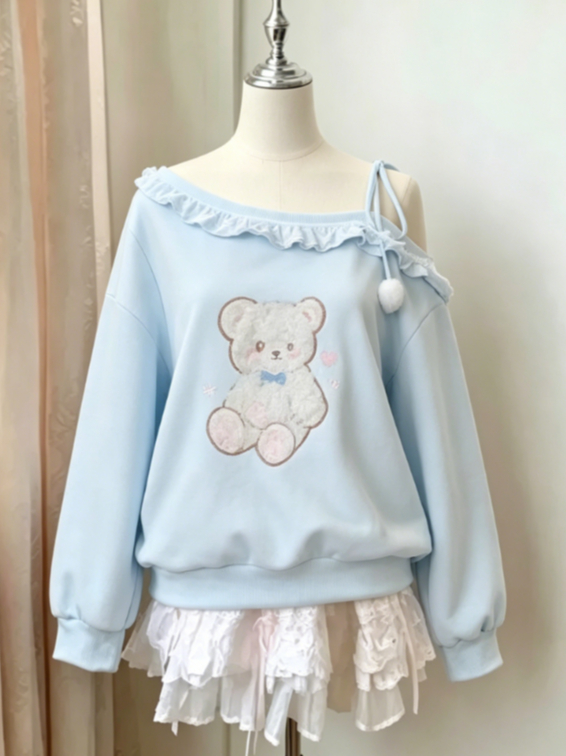 Japanese Kawaii Cat Sweatshirt Women Off Shoulder Cute Cartoon Y2k Aesthetic Grunge Lace Casual Hooded Pullover Christmas Winter