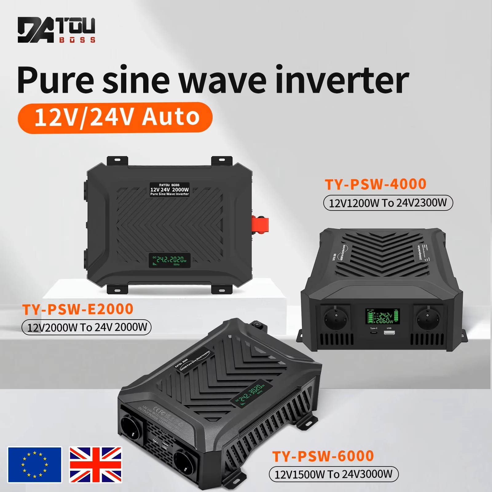 DATOUBOSS onduleur double tension à onde sinusoïdale Pure 12V à 24V onduleur solaire à commutation automatique 1200W à 3500W onduleur de voiture Portable