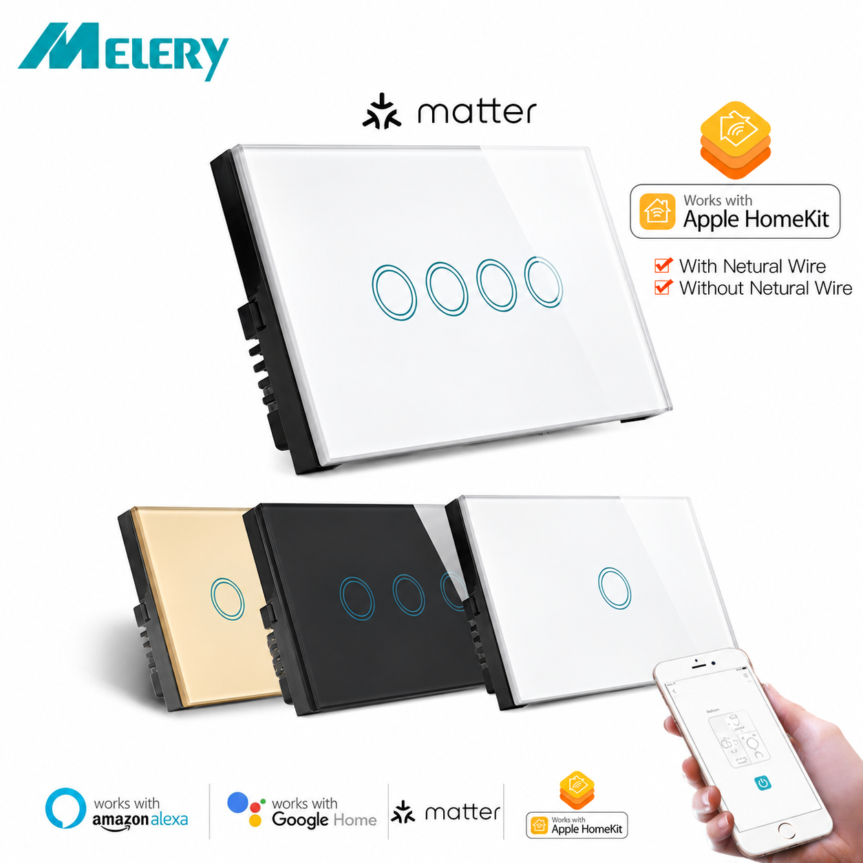 Interruptor de Luz Inteligente WiFi Melery Matter com Sensor de Toque, Painel de Vidro, Controle Remoto via Alexa, Google Home, Siri, Homekit e SmartThings