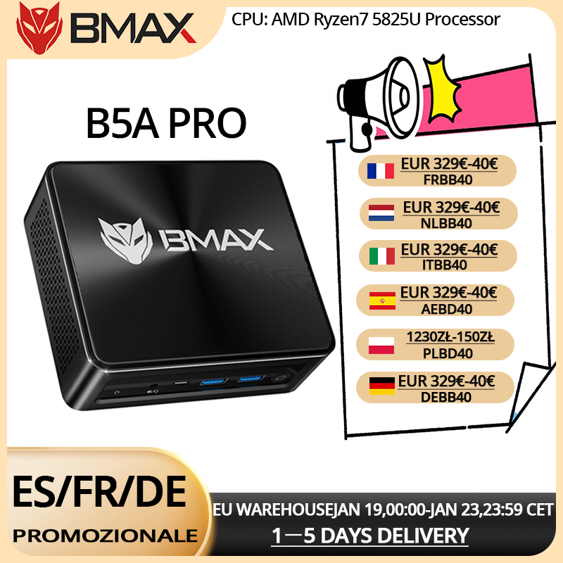 BMAX B5A Pro AMD Ryzen7 5825U 5700U Processor AMD Radeon Graphics 16GB (ondersteuning Max. 64GB) DDR4 512GB NVMe SSD Windows 11