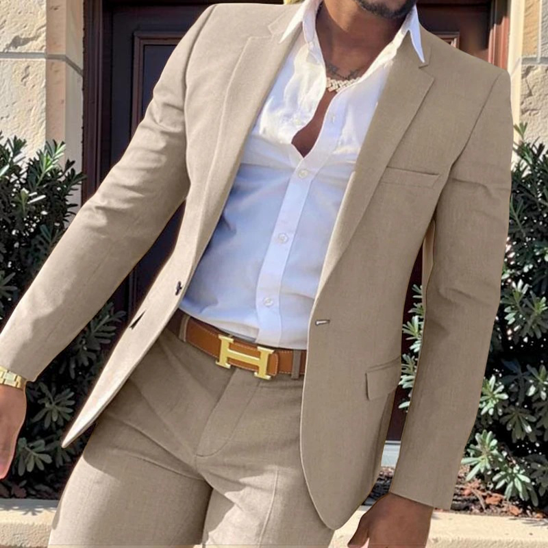 Мужской костюм Slim Fit из 2 предметов: бежевый смокинг для жениха, модный мужской костюм с пиджаком и брюками, пошитый на заказ