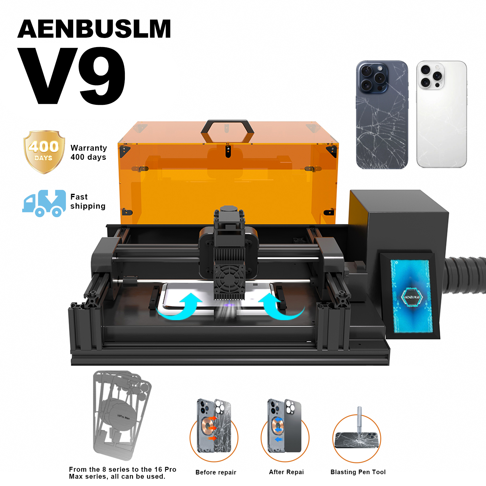 Máquina a laser v9 10w de quinta geração para iphone série 8-17, vidro traseiro e reparo de lente de câmera, com conjunto de reparo de telefone com caixa, filtro de ar
