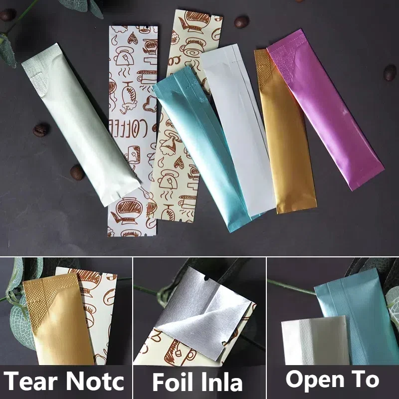 50 sztuk zgrzewalnych małych torebek z folii aluminiowej z otwartym górnym otworem Odporna na wilgoć płaska torba do pakowania kawy ziarnistej w proszku z wycięciem na łzy