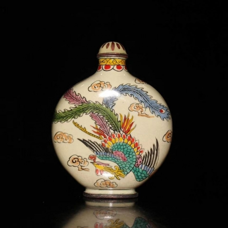 Early Collection Red Copper Tire Enamel Dragon and Phoenix Snuff Bottle Ornaments  Size:6×2.5×8