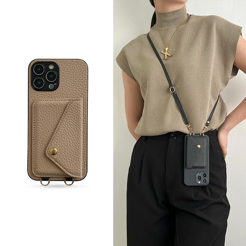 Luxe crossbody tas met lederen telefoonhoesje voor iPhone 17, 16, 17 Pro Max, 15, 14 Pro, 13, 12, 11, met koordje en kaarthouder.