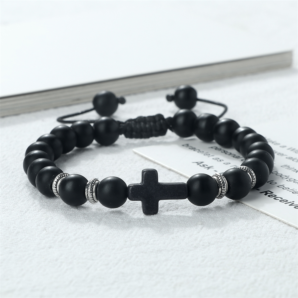 Men Women Braided Bracelet 8MM Natural Stone Christian Bless Jesus Cross Hematite Bead Bracelets Bangles Prayer Handmade Jewelry