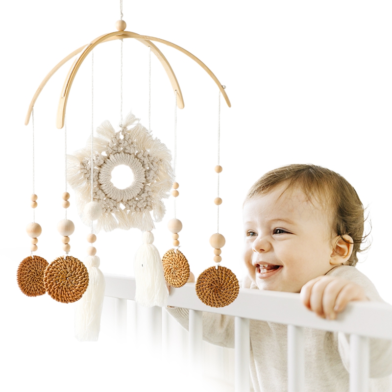 Baby Bed Bell Wood Mobile Toddler Rattles Toys Crib Bell Rattles Boho Style Bed Bell Hanging Toys Holder Bracket Infant Crib Toy