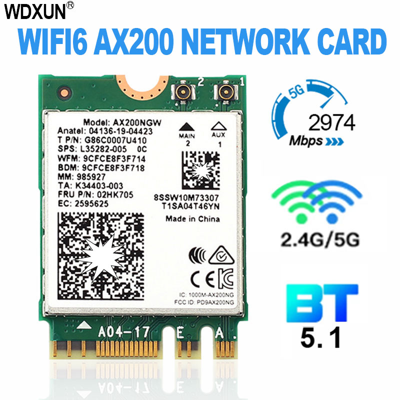 Dual band 2.4Gbps Intel Wi-Fi 6 AX200 AX200NGW 802.11ax/ac MU-MIMO 2x2 โมดูล Wifi NGFF M.2 บลูทูธ 5.1 การ์ดเครือข่าย
