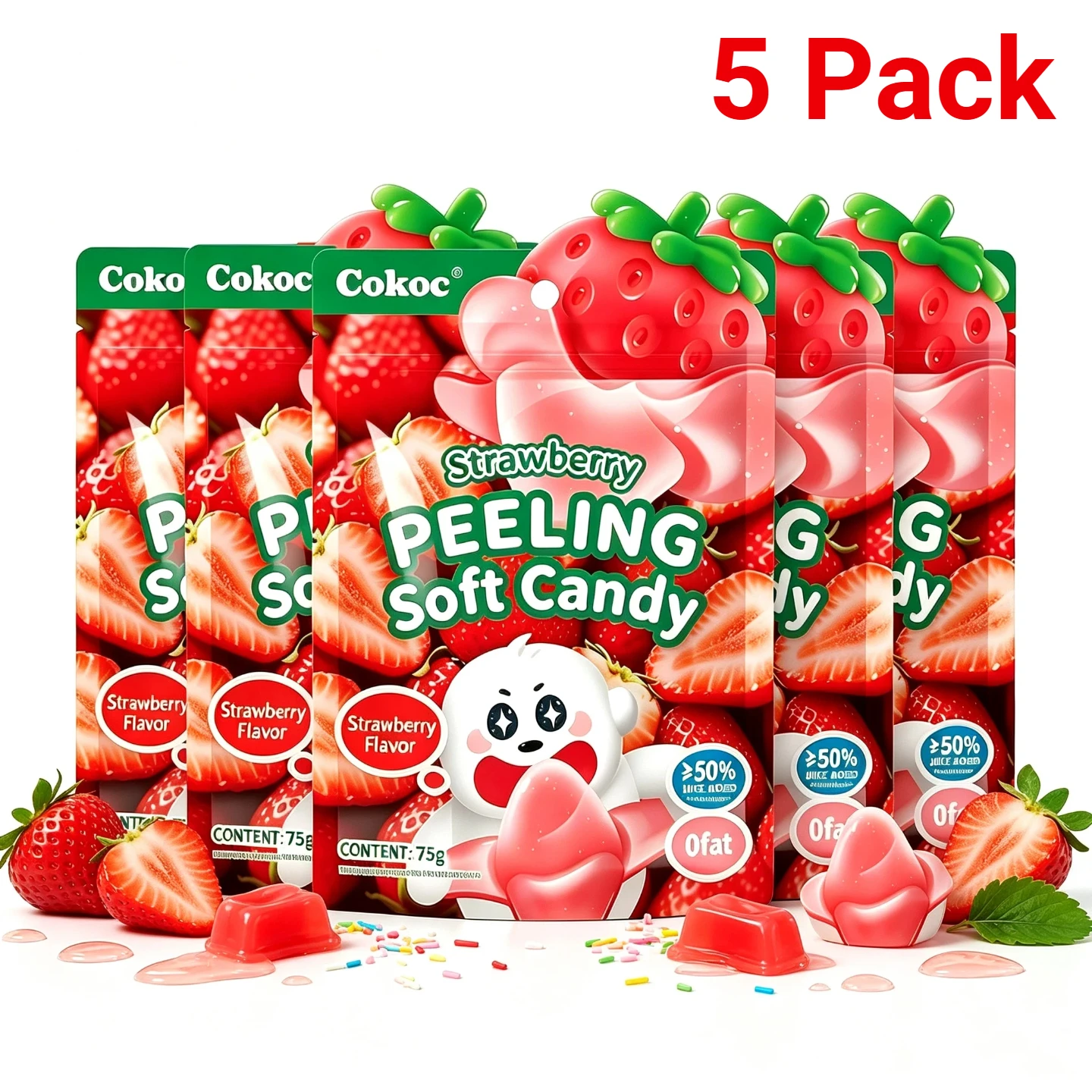 5 Packs Cokoc abziehbare Weichbonbons Erdbeergeschmack 5×75g，fruchtige Kaubonbons mit frischem Erdbeer-Aroma, praktischer Süßsnack für Unterwegs, Picknick, Büro, Kinder und Schulpausen
