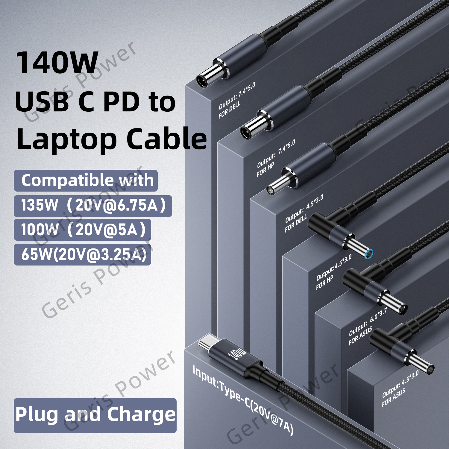 65W 90W 140W USB C PD do DC Uniwersalny kabel ładowarki do laptopa Asus Dell Hp 5.5X2.5 7.4X5.0 4.5X3.0mm Konwerter zasilacza DC