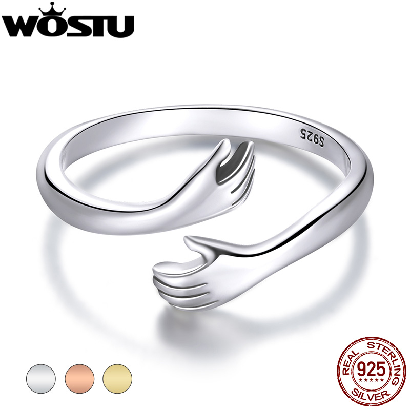 WOSTU 925 スターリングシルバーハグハンズリングシンプルなデザインの指輪女性のためのエレガントなシルバージュエリー CTR176