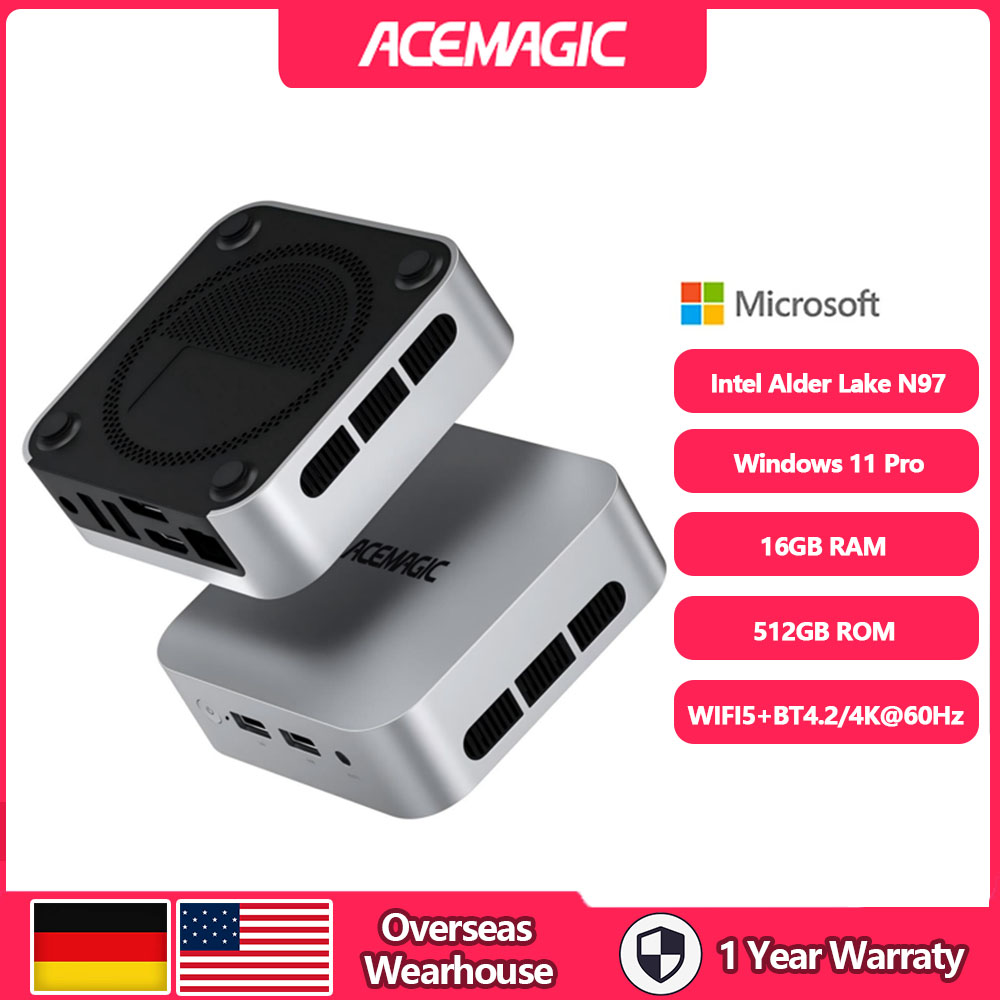 ACEMAGIC Intel Prozessor Alder Lake N97 Mini PC 16GB DDR4 512GB SSD Mini Computer Wifi5 BT4.2 4K@60Hz UHD Desktop PC Für Büro