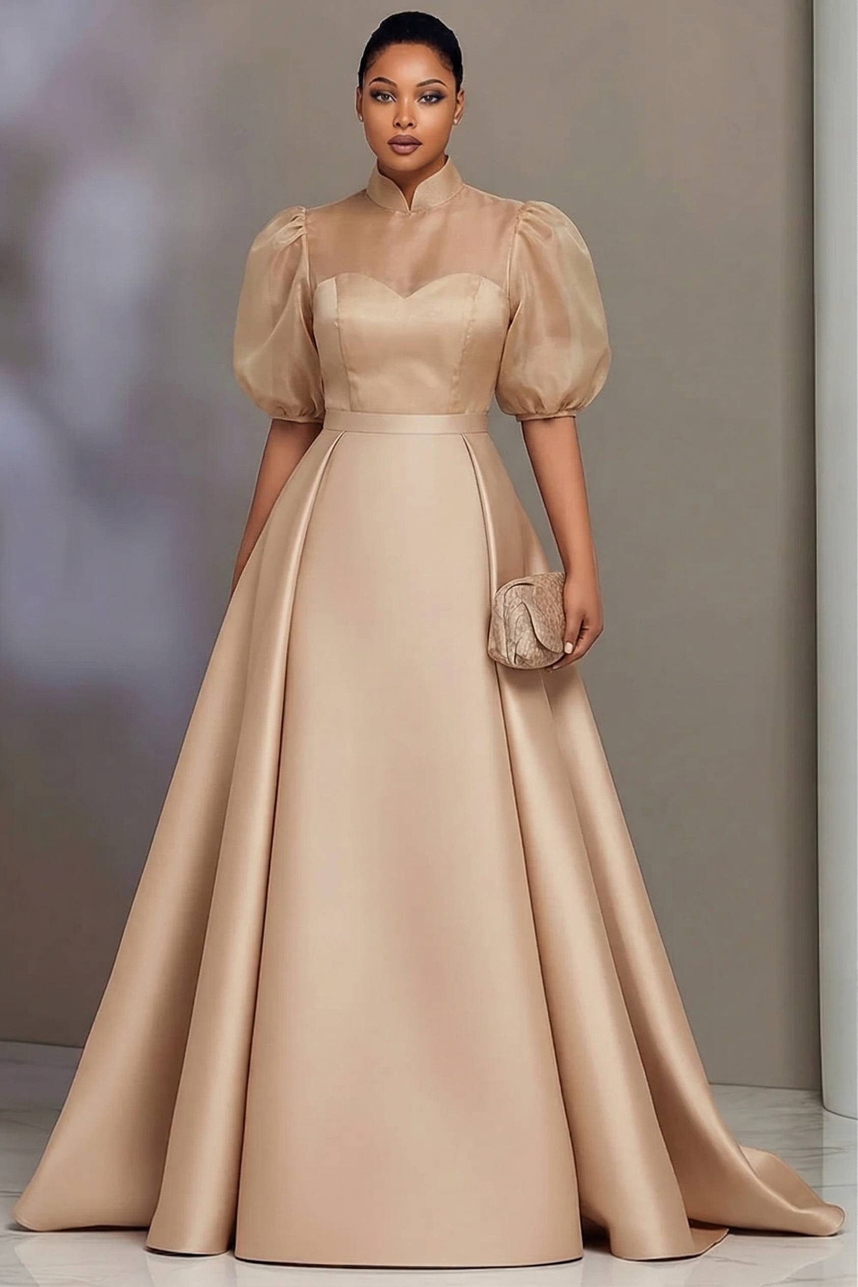 Damen Übergröße Kleid Satin Ballkleid Hoher Kragen Transparente Puffärmel A-Linie Formelles Abendkleid mit Schleppe für Abschlussball & Bankett