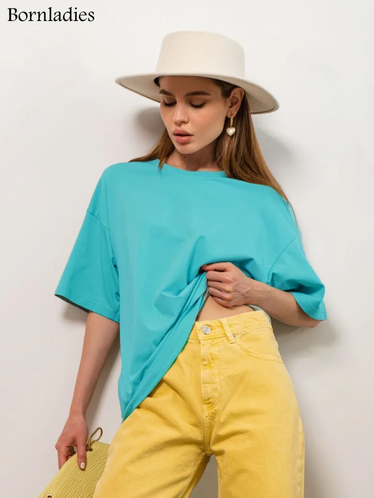 Bornladies 2025 T-shirt estiva da donna in cotone 100% che tocca il fondo Camicie larghe a maniche corte da donna solide alla moda di base