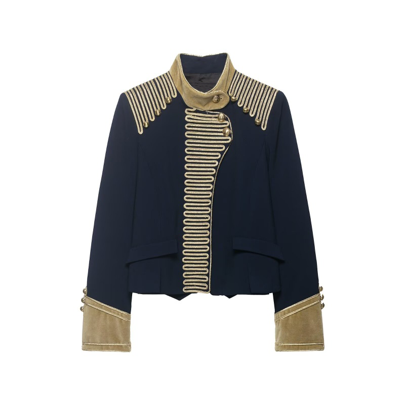 2026 Neuerscheinung Damen Kurze Jacke im Britischen Stil Goldstickerei Kontrastbesatz Stehkragen Vintage Elegant Täglicher Pendler-Look