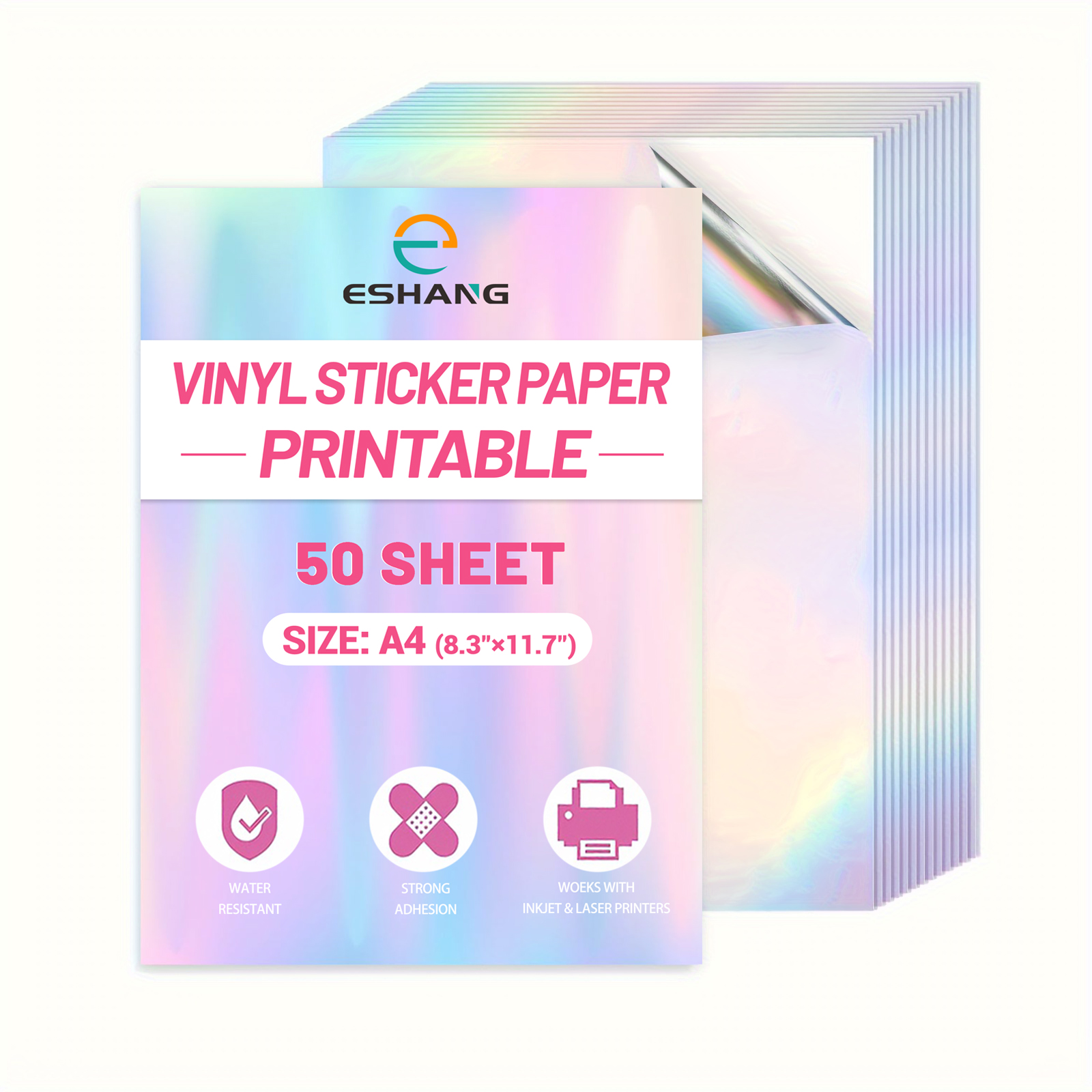 50 hojas de papel adhesivo de vinilo holográfico arcoíris imprimible tamaño A4, 8.3x11.7 pulgadas, papel adhesivo impermeable arcoíris para impresora de inyección de tinta