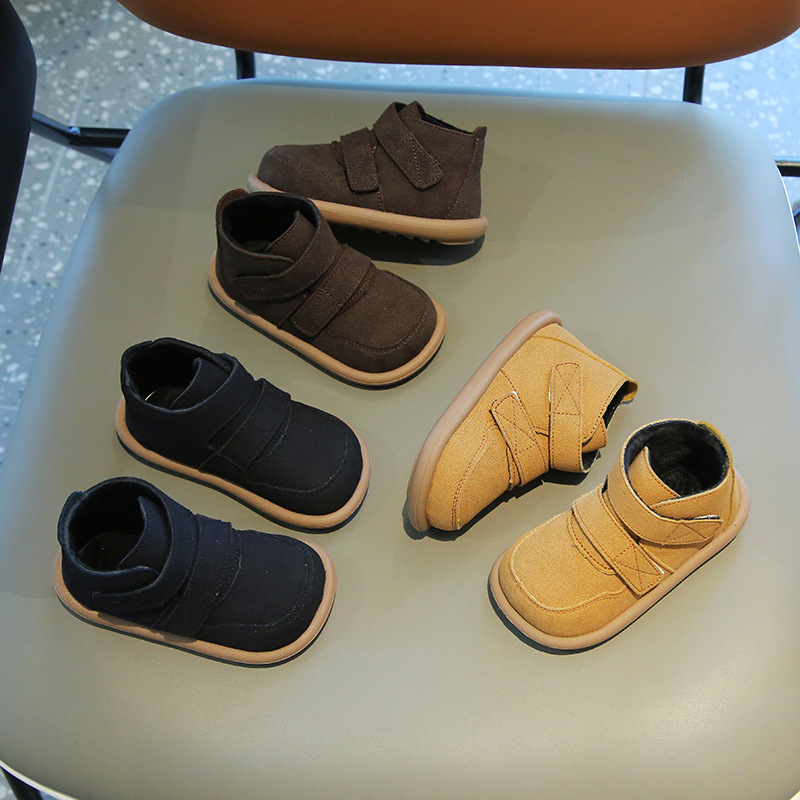 Crianças botas curtas quentes meninos retro vaca músculo sola sapatos de algodão meninas moda duplo gancho fechamento primavera botas
