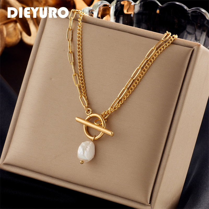 DIEYURO 316L Zapięcie OT ze stali nierdzewnej Duży naszyjnik z perłami dla kobiet Nowe dziewczyny 2-warstwowy łańcuszek Biżuteria Prezenty imprezowe Bijoux