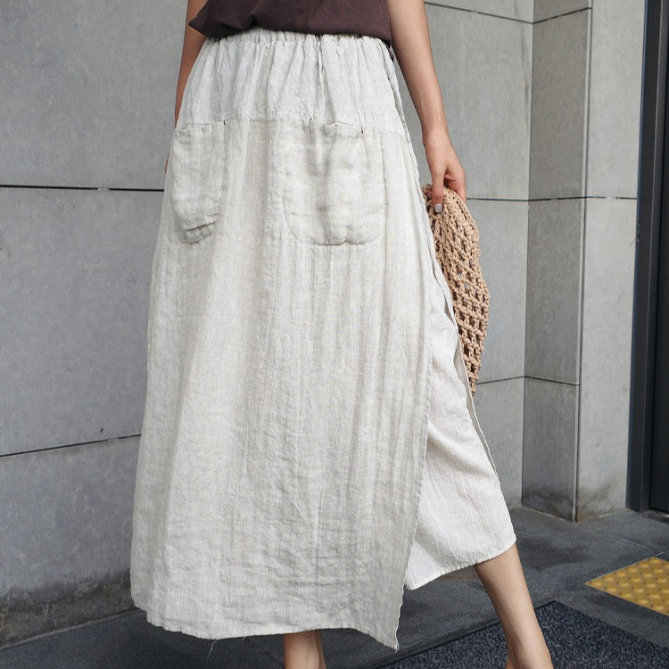 Frühling Sommer Damen Weite Hosen Kleidung Zweiteiliger Patchwork-Rock-Hosen-Set Baumwolle Leinen Lässige Lose Knöchellange Hosen für Frauen