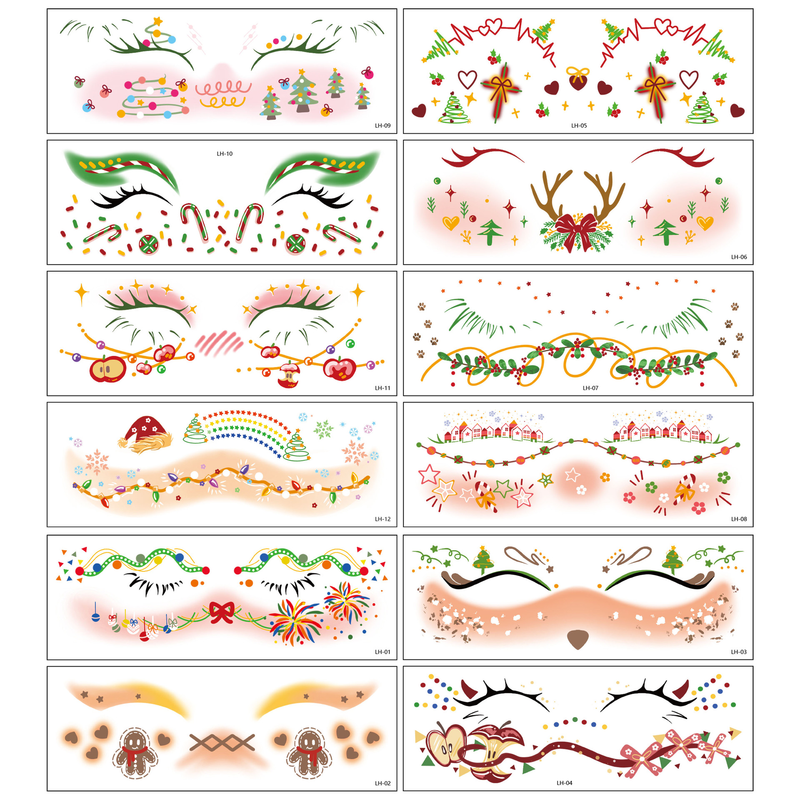 12pcs Christmas Face Tattoo Stickers Bells Bow Hearts Stars Freckles Temporary Tattoo Stickers Accessories For Festival Party