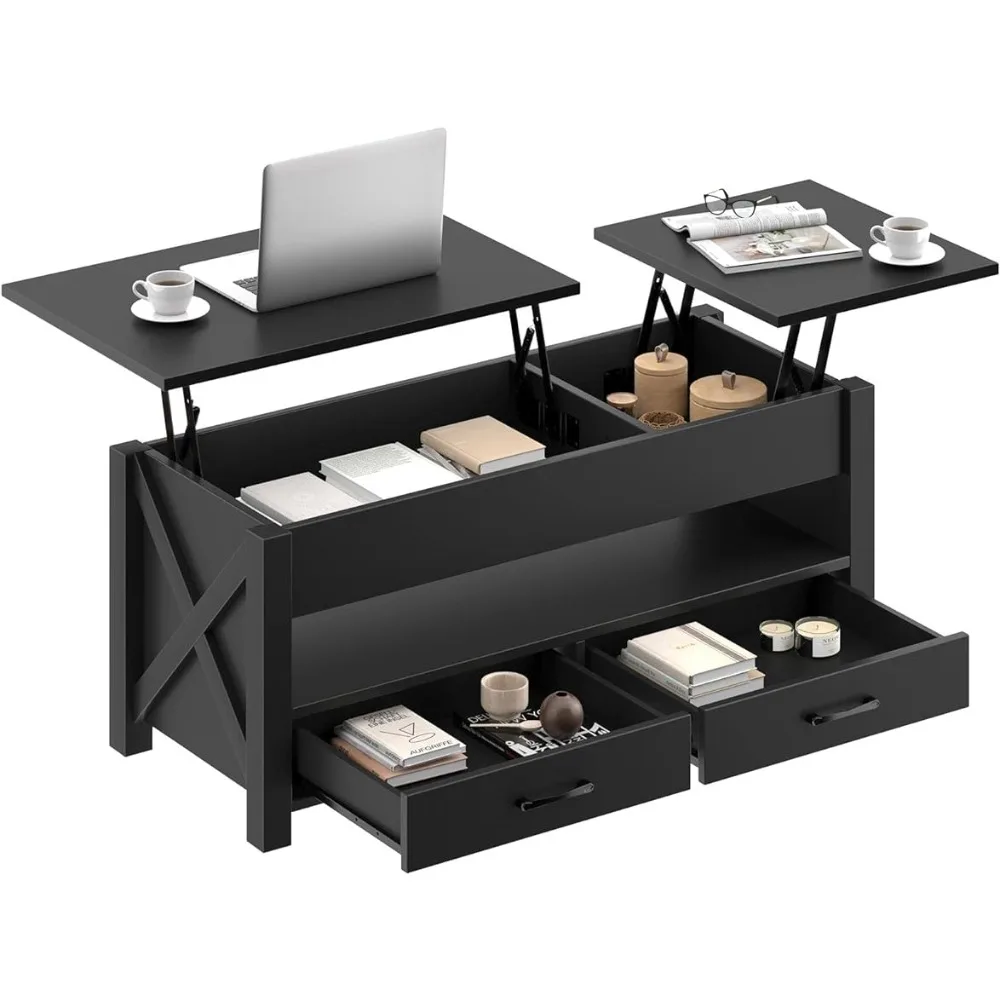 47.2“Lift Top Coffee Table With 2 Storage Drawers and Hidden Compartment Retro Center Table With Lift Tabletop for Living Room