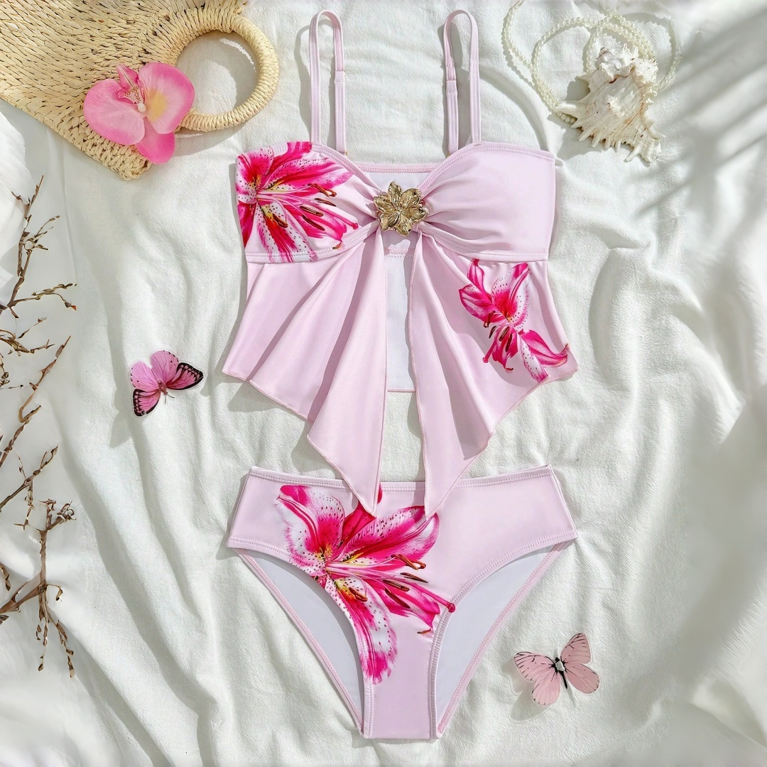 Conjunto de tankini com alça fina ajustável para meninas, roupa de banho de duas peças com estampa floral, roupa de banho para meninas de 7 a 16 anos
