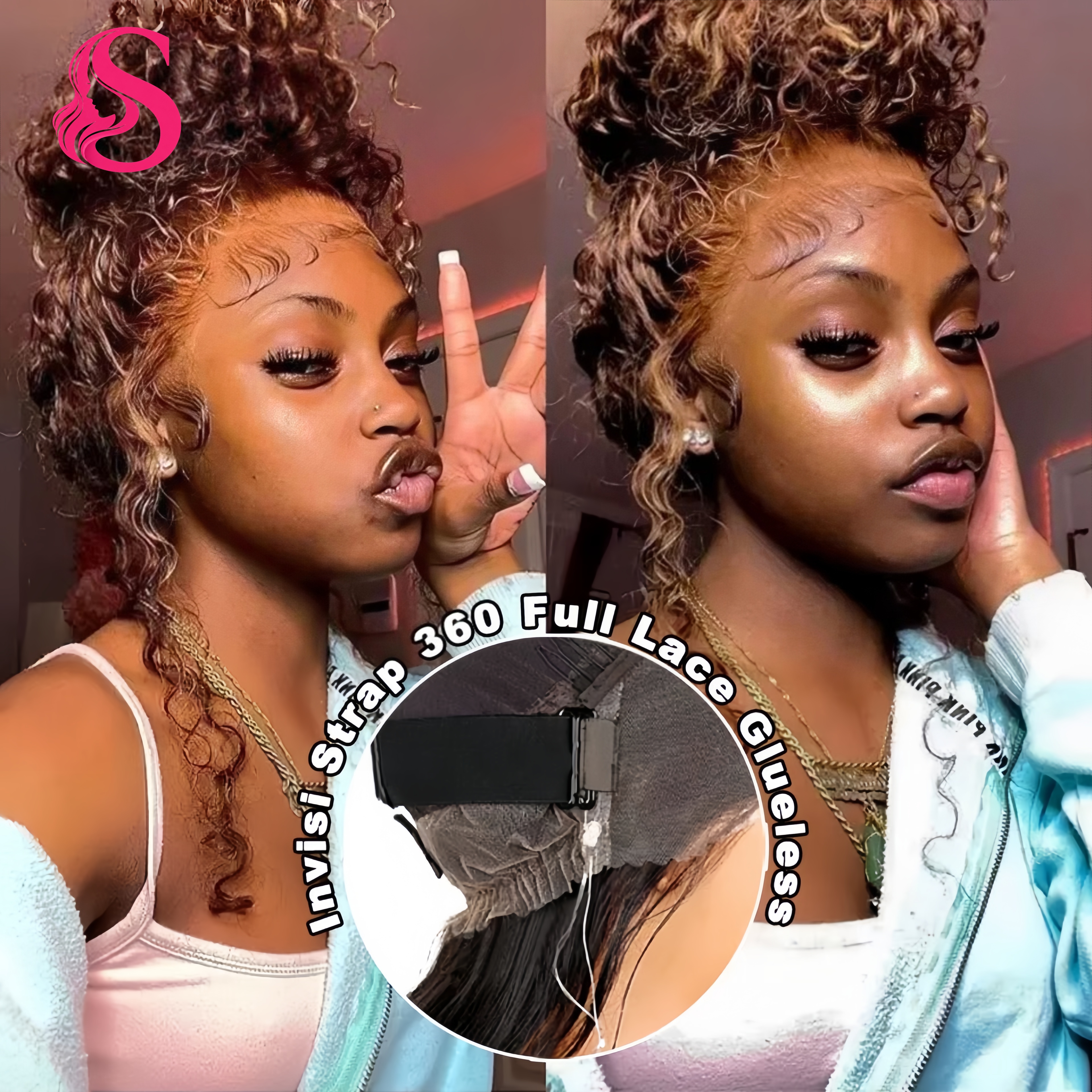 Peruka Smilegirl Invisi Strap 360 Full HD Lace Frontal, gęstość 250, pasemka 4/27, 30 cali, głęboka fala, peruka typu lace front, bezklejowa, z włosów naturalnych.