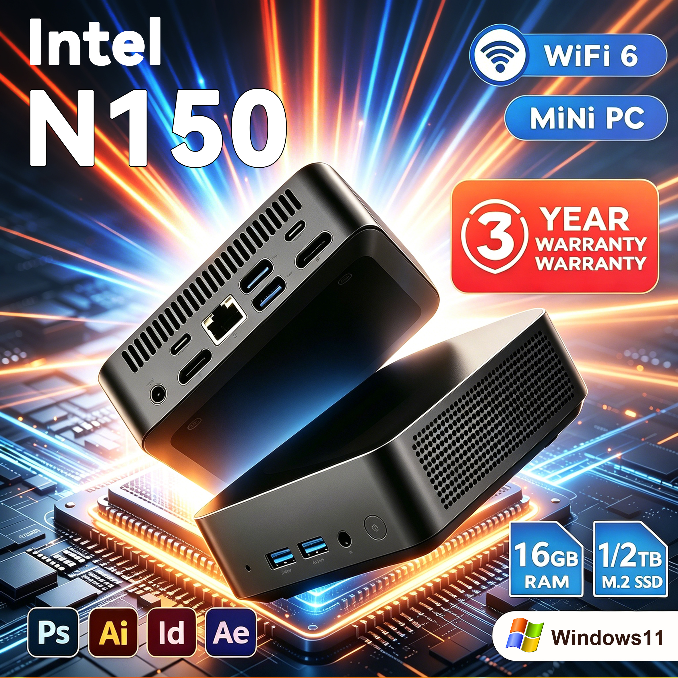 NEW Mini PC Protable Gaming Intel N150 Windows11 Pro 16/32GB RAM WIFI6 BT5.2 4K 1/2TB SSD 1000Mbps Mini Gamer Computer PC
