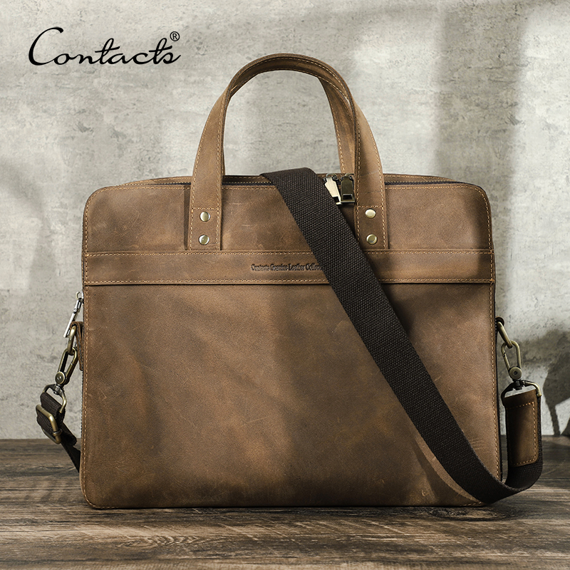 CONTACT'S Echtes Leder Herren Aktentasche Vintage Große Laptoptasche für 14 Zoll Schulter Messenger Bags Männliche Business Tote Handtasche