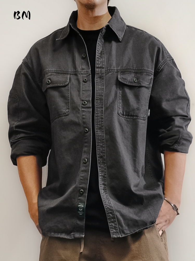 ‌ Japans vintage gewassen werkshirt voor heren Zwaargewicht keperstof katoen met lange mouwen Oversized noodlijdende casual top van hoge kwaliteit