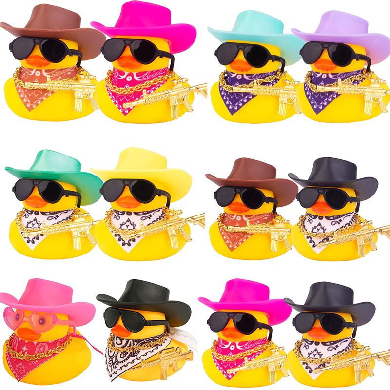 2PS Car Rubber Duck Dashboard Decoration, Yellow Duck Car Ornament Cute Car Accessories with Cowboy Hat Necklace Sunglasses