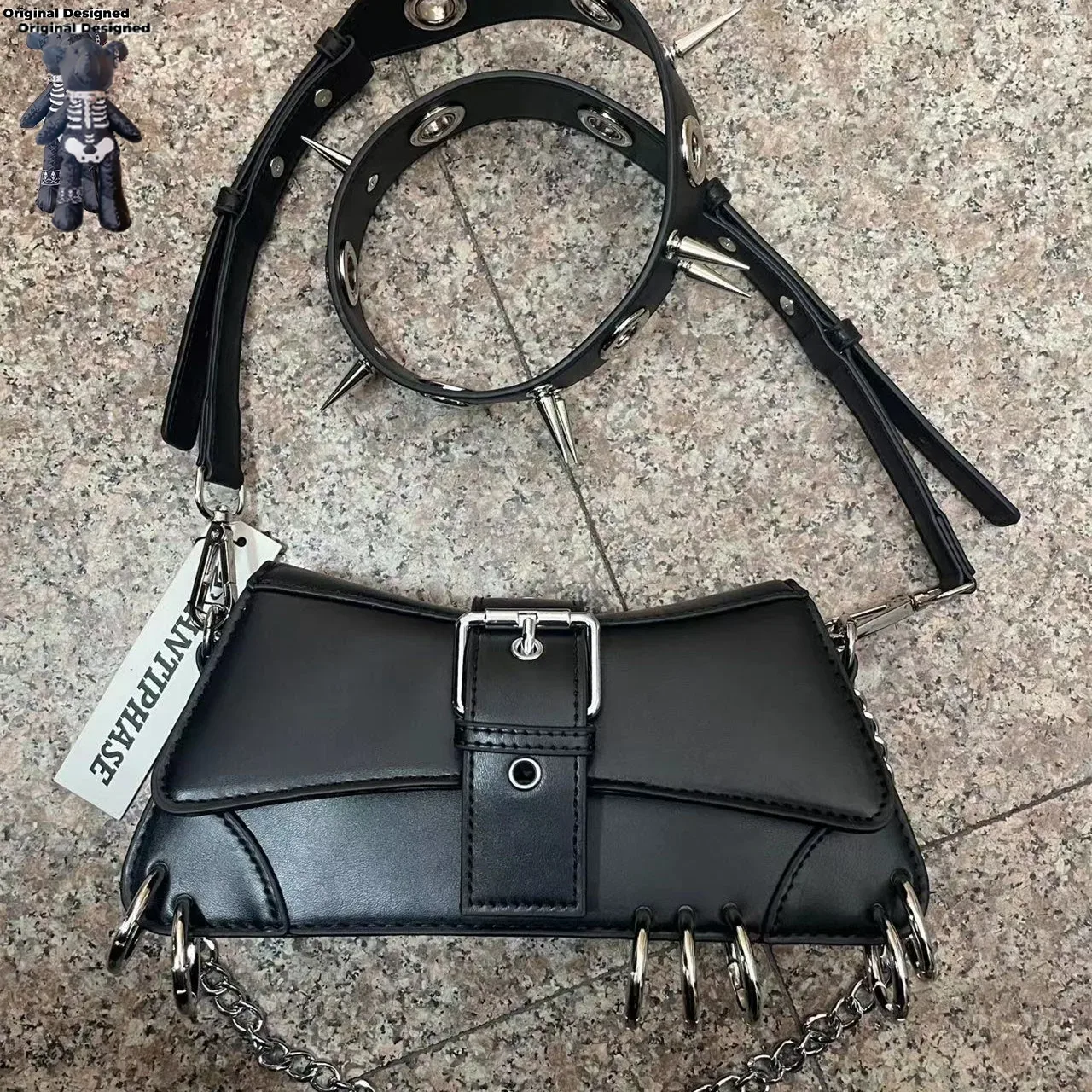 Y 2K Vintage Gothic Cool Onderarm Draagtas Klinknagel Spijkerketting Een Schouder Handtas Leren Rock Meisjes Crossbody Tassen