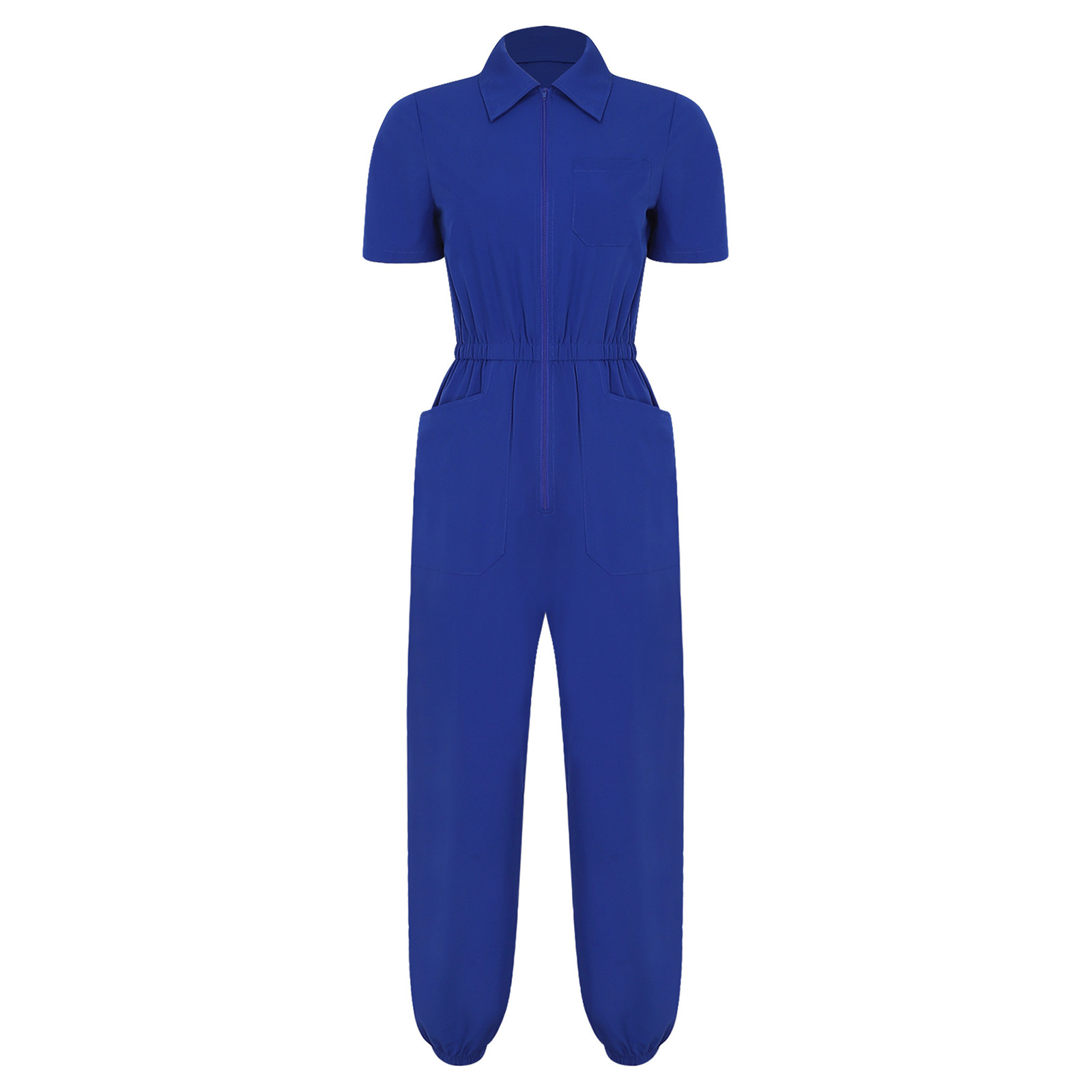 Women Scrub Jumpsuit Nurse Doctor Medical Esthetician Workwear Short Sleeve Multi-pockets Elastic Waist Jogger Pants Rompers