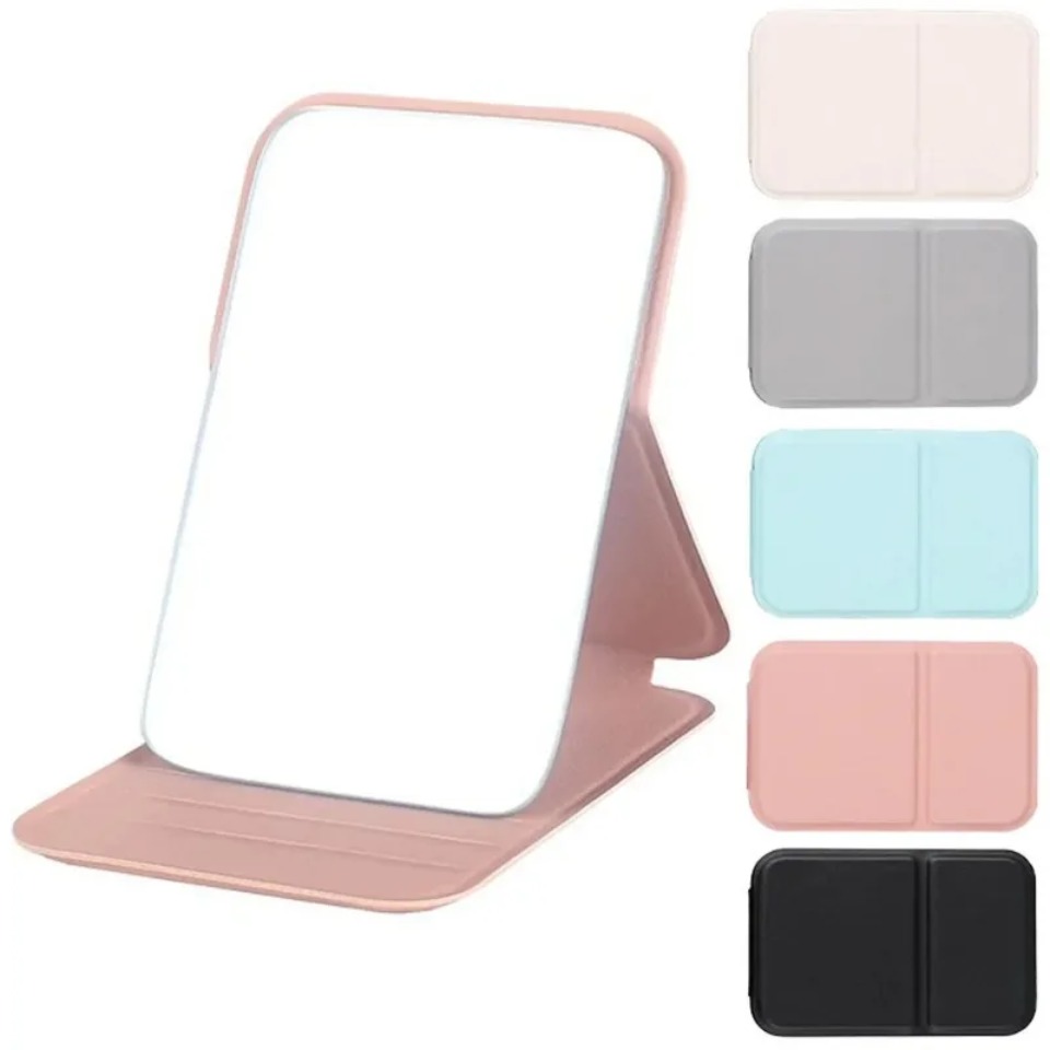 Espejo de Maquillaje de Escritorio, Color Sólido, Cuero PU, Simple, Portátil, de Mano, Plegable, Compacto, Bonito, de Bolsillo, para Estudiantes