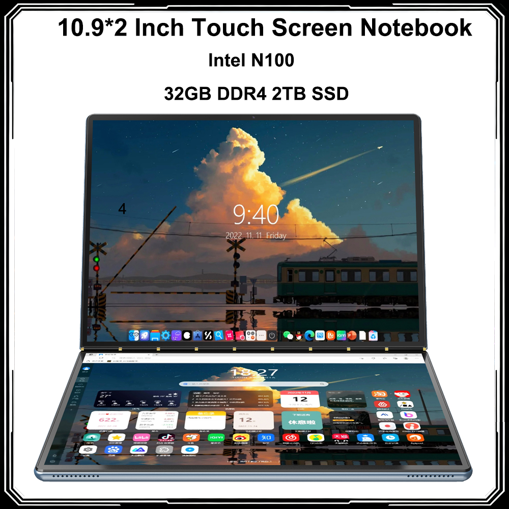 10.9インチ デュアルタッチスクリーン 2-in-1 ノートパソコン Intel N100 32GB DDR4 2TB SSD WIFI6 ポータブル ビジネス ラップトップ オフィスデザイン向け