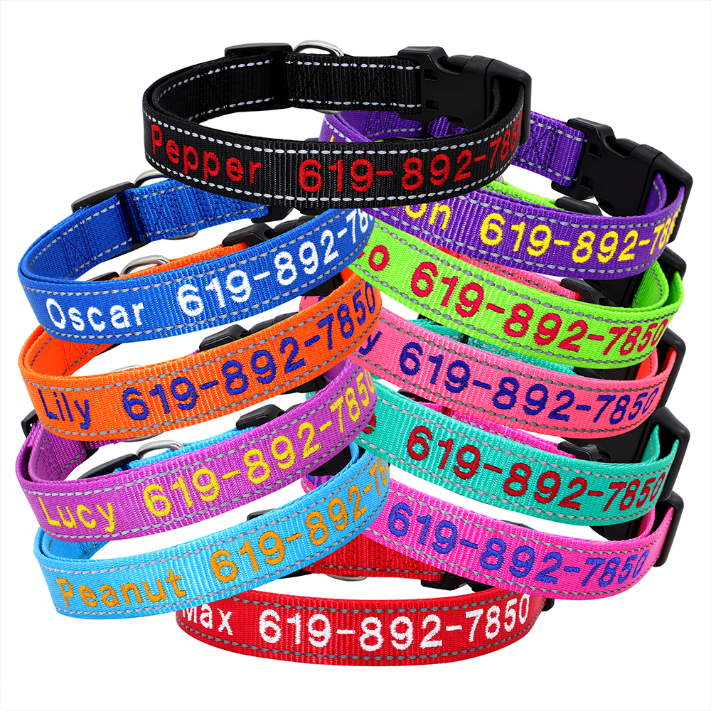 Coleira de cachorro bordada de nylon personalizada, coleira com nome de identificação de cachorro personalizada para cães pequenos, médios e grandes, coleira ajustável para animais de estimação