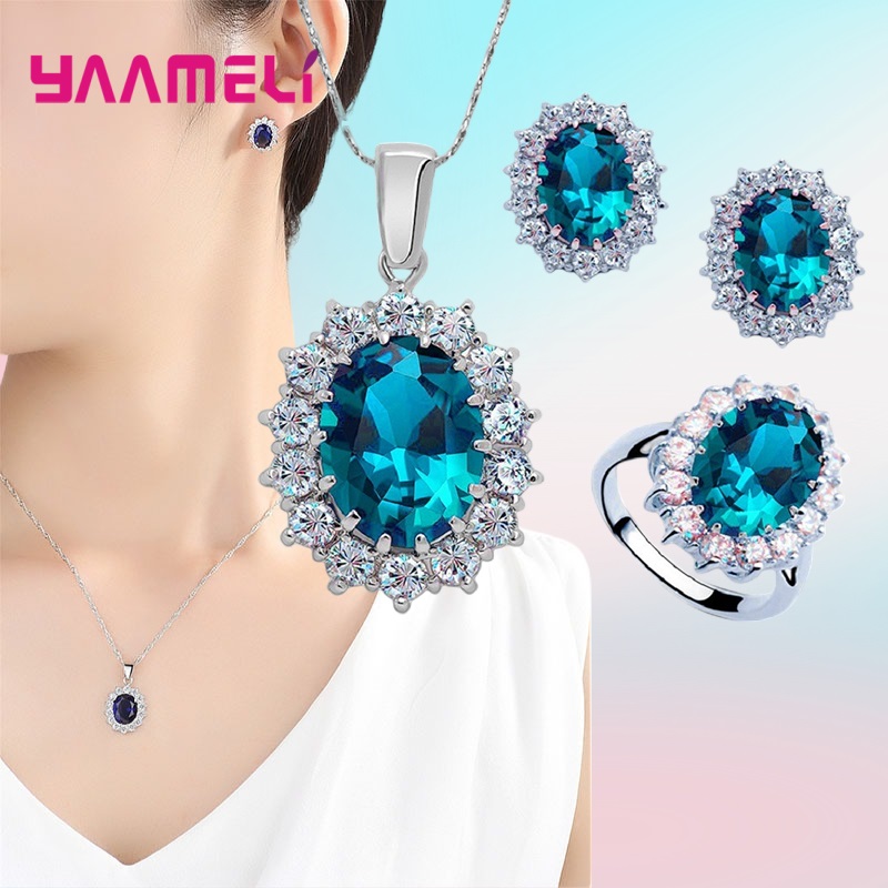 Conjuntos de joyas de plata de ley 100% auténtica para mujer, joyería de compromiso de boda, diseño clásico de flores ovaladas, cristal de circonita cúbica brillante 925