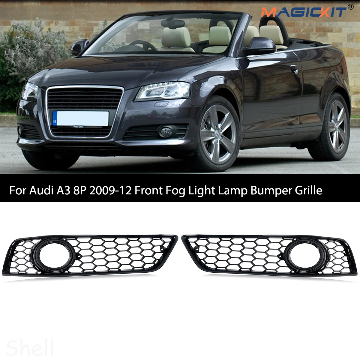 MAGICKIT para Audi A3 8P 2009-2012 (con orificio para luz antiniebla) rejilla de luz antiniebla delantera accesorios de estilo panal negro brillante