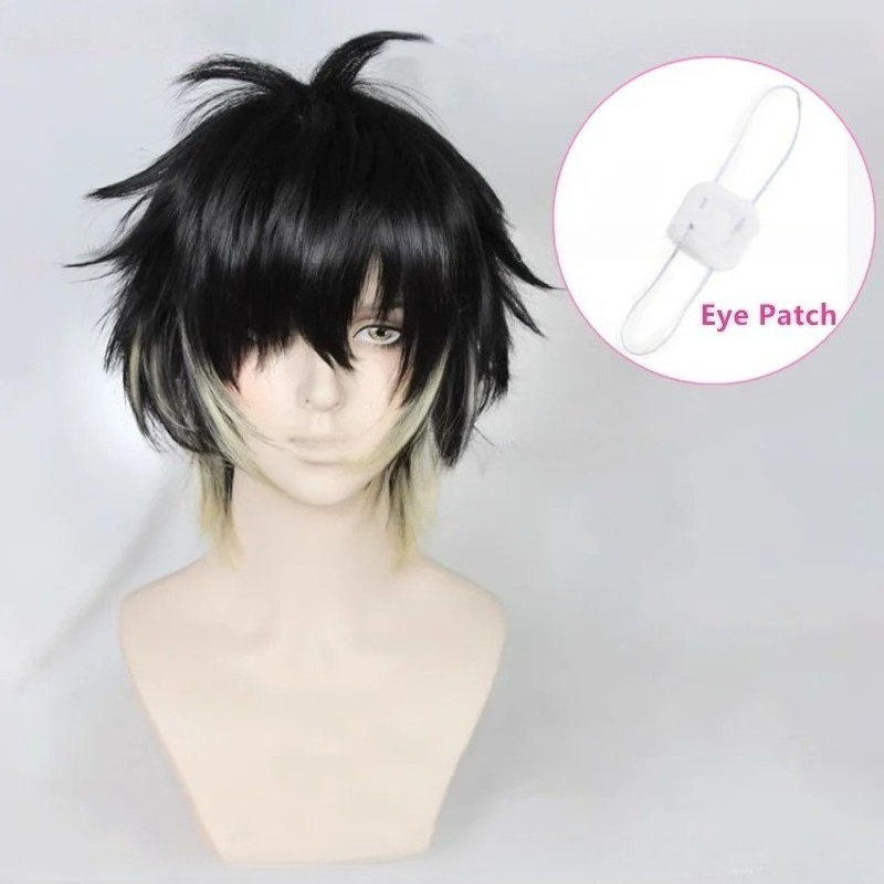 Anime Towa Synthetic Men Short Black Yellow Cosplay Anime Wig or Eye Patch Heat Resistant Hair Halloween Party Wigs