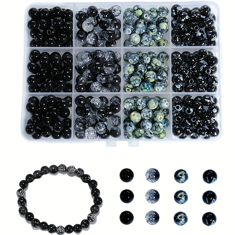 340pcs 8mm Acrylic Black Round Bead Jewelry Making Set Box, Suitable for DIY Bracelets, Necklaces and Earrings Christmas