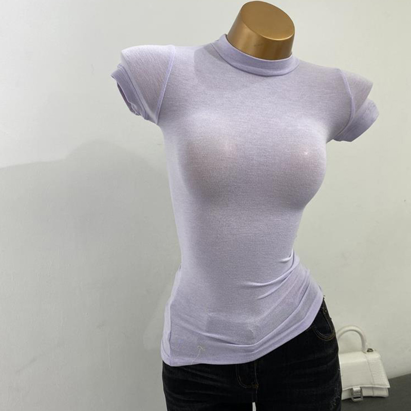 Half-High Collar T-shirt transparente, coreano, transparente, de manga curta, Slim-Fit, elástico, sólido, Inner Camisa Bottoming, Sexy, peito grande