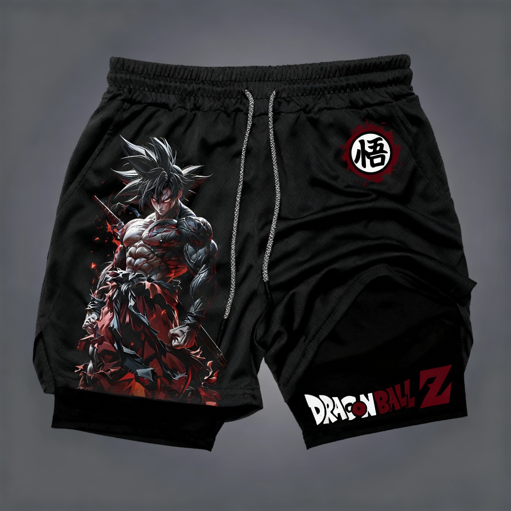 Dragon Ball Herren-Shorts mit doppelter Schicht, Son Goku, Sommer, japanischer Anime, gefälschte zweiteilige Sport-Fitness-Shorts, schnell trocknende Shorts