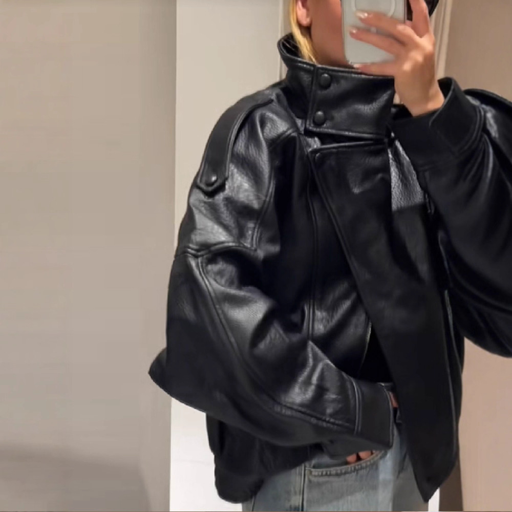 Printkaair preto assimetria botões jaquetas de couro feminino lapela manga longa quente jaqueta de rua 2025 outono inverno senhora outwear