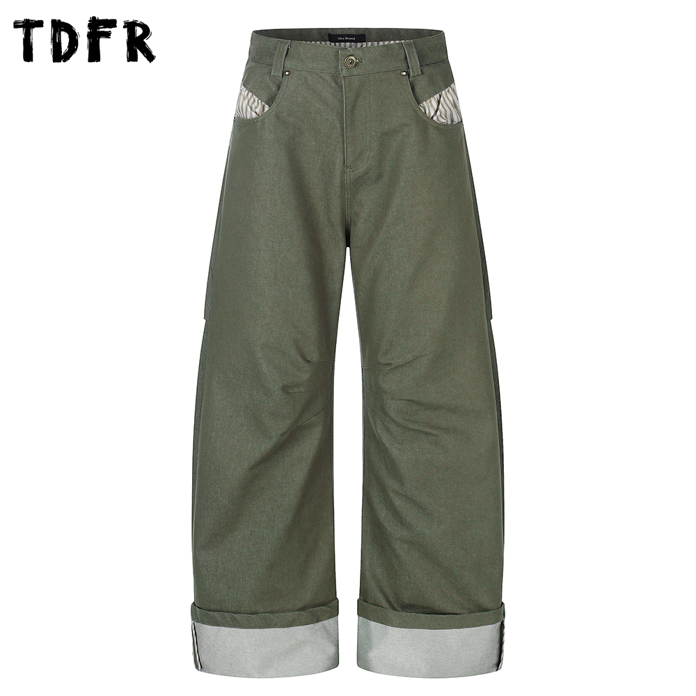 Męskie spodnie patchworkowe z kieszeniami, nitami, w stylu retro, cargo, baggy, z szerokimi nogawkami, casualowe, typu banana.
