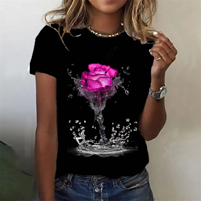 2024 novità 3d rose stampa Y2k vestiti per le donne estate moda manica corta T Shirt oversize femminile top Casual ragazze Tees