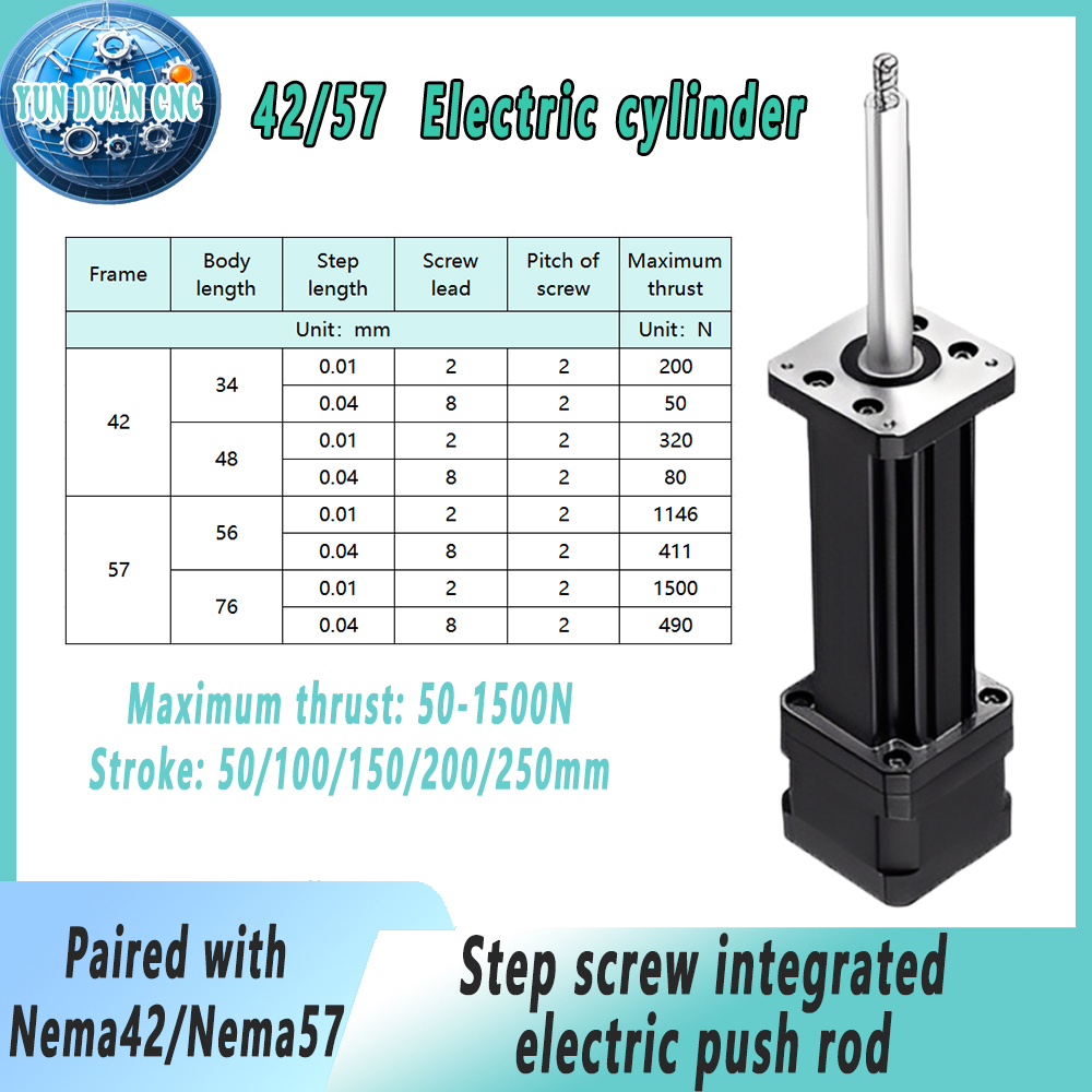 มอเตอร์สเต็ปเปอร์ Nema23/34 แบบเพลาคงที่ พร้อมแกนสกรูในตัว กระบอกสูบไฟฟ้าแบบมีก้านดัน ระยะชัก 100/150/200 มม. สำหรับการวางตำแหน่งที่แม่นยำ